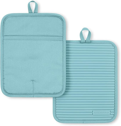 KitchenAid Ribbed Soft Silicone Pot Holder 2-Pack Set, Mineral Water Aqua by KitchenAid