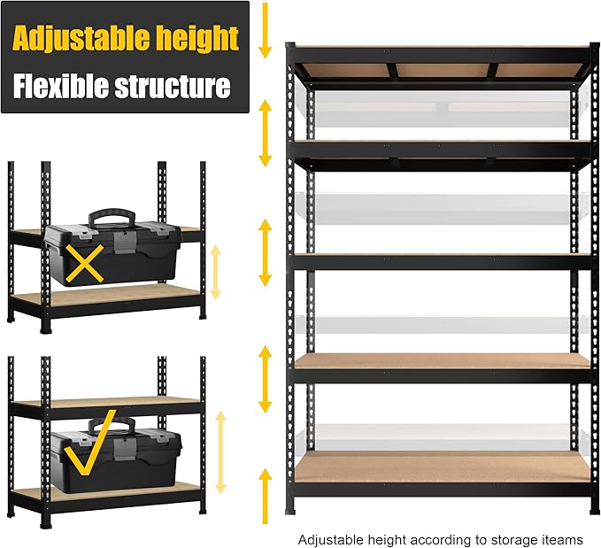 PrimeZone 4 Pack Storage Shelves 48" x 24" x 72", 5 Tier Adjustable Garage Storage Shelving, Heavy Duty Metal Storage Utility Rack Shelf Unit for Warehouse Pantry Closet Kitchen, Black