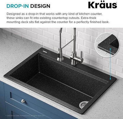 KRAUS Bellucci Workstation 33" Single Bowl Granite Kitchen Sink in Metallic Black w/Accessories, KGTW2-33MBL, Includes Dish Drainer/Dish Drying Rack