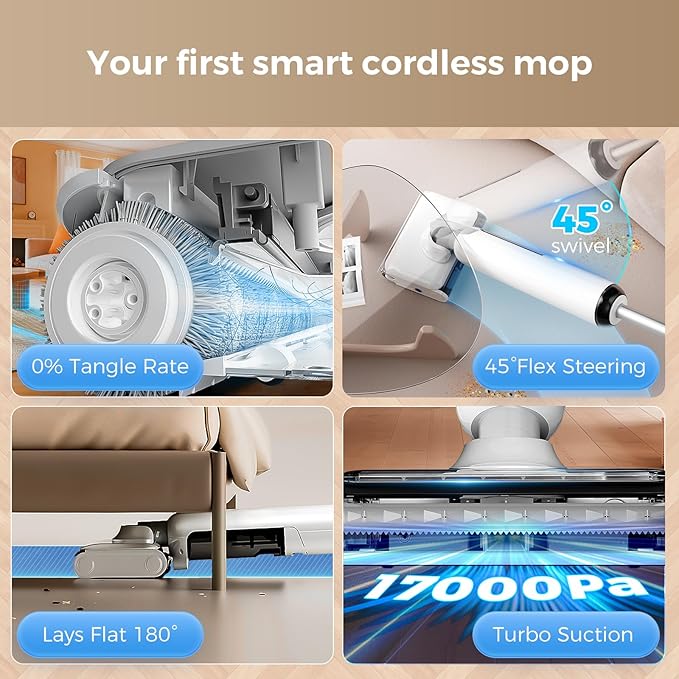 Wet Dry Vacuum Cleaner, 180°Lie-Flat Vacuum Mop All in One with Auto Self-Cleaning, Smart Floor Cleaner Machine for Hard Floor, 35 Mins Runtime, Edge Cleaning, Self-Propelled Vacuum Mop Combo