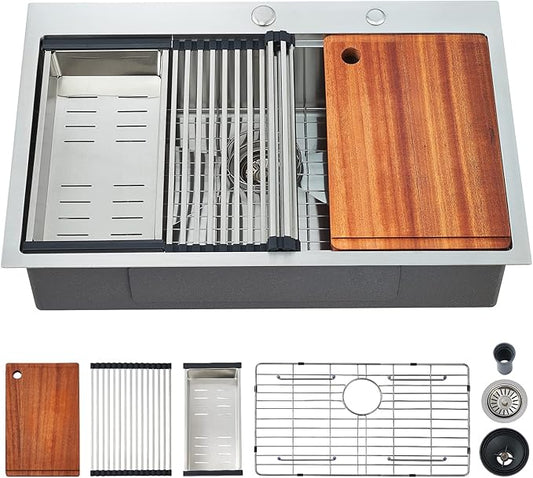 Kitchen Sink, 33 x 22 Drop in Kitchen Sink 16 Gauge Stainless Steel Kitchen Sinks Single Bowl Workstation Sink with Cutting Board