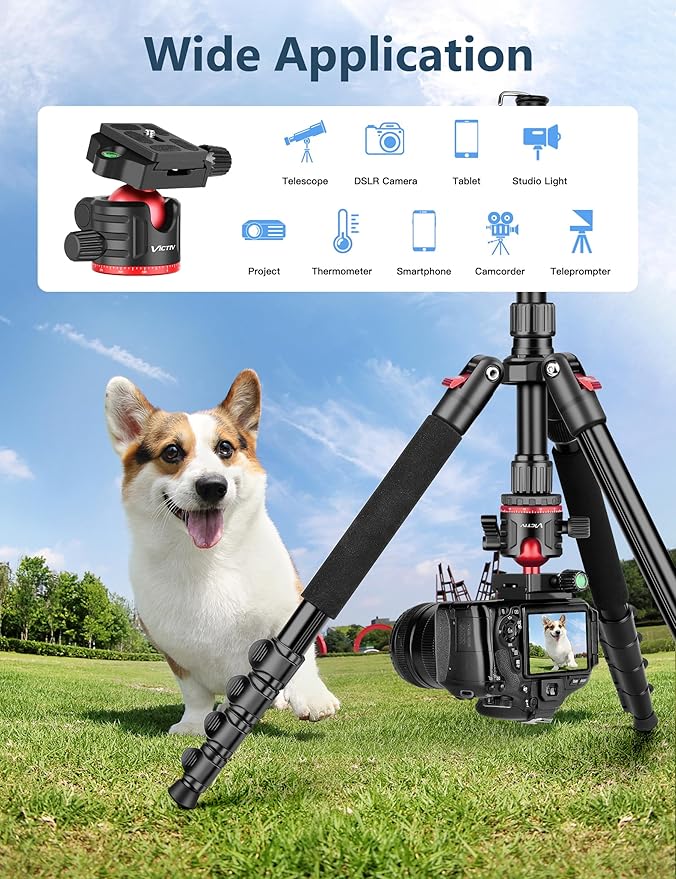 78" Porfessional Tripod for Camera, Victiv Aluminum Camera Tripod Monopod for DSLR, Spotting Scope,Telescope, Binoculars, Compact Heavy Duty Camera Stand for Photography Video Recording Travel