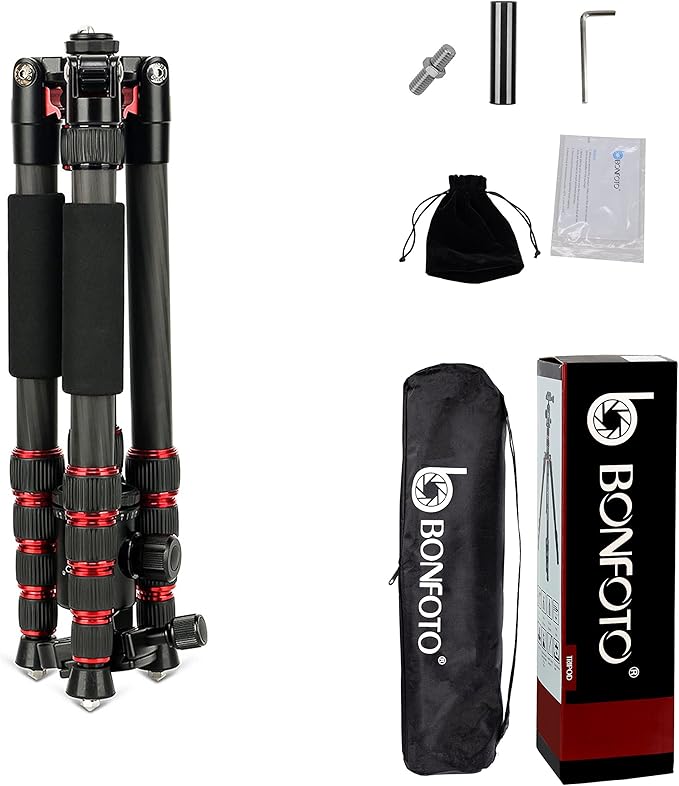BONFOTO B690C Lightweight Carbon Fiber Portable Tripod Compact Travel Camera Tripod Monopod with 360 Degree Ball Head,1/4" Quick Release Plate and Carry Bag for DSLR Cameras