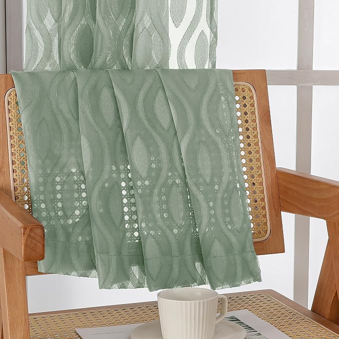 Aiyufeng Sheer Curtains 63 Inch Length 2 Panels Set, Solid Green Airy Light - Image 9