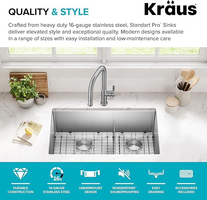 Kraus Kitchen Sinks Undermount - 32 Inch Stainless Steel Kitchen Sink, 60/40 Double Bowl, 16 Gauge, Model KHU103-32