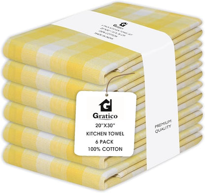 Kitchen Towels Set of 6 Yellow/White Checks 20x30 Inches 100% Cotton Highly by Gratico
