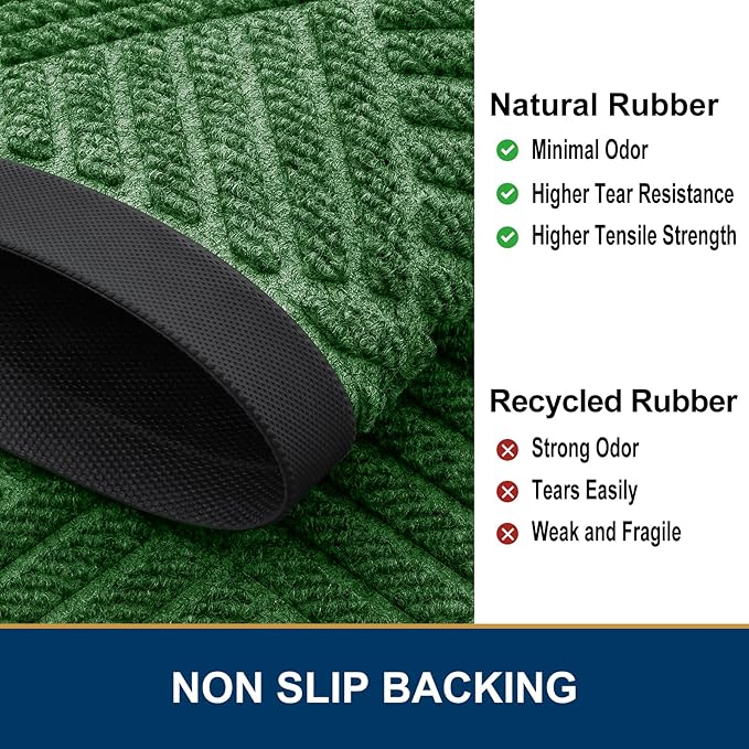 Smiry Front Door Mat Outside Entrance, Heavy Duty Outdoor Indoor Natural Rubber Doormat, Non Slip, Trap Dirt and Moisture, Easy Clean, Low Profile Patio Porch Entryway Mat, 71x23, Green