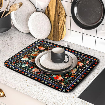Black Flowers Dish Drying Pad Boho Floral Washable Microfiber Kitchen Mat - Image 5