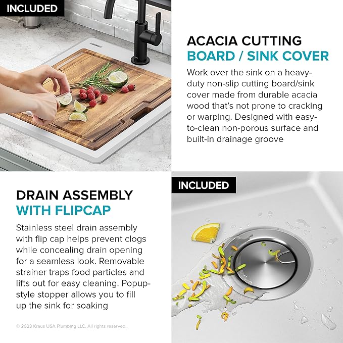 KRAUS Bellucci 18-inch Granite Workstation Drop In Top Mount Single Bowl Kitchen Sink in White with Accessories, KGTW12-18WH