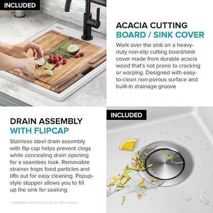 KRAUS Bellucci 18-inch Granite Workstation Drop In Top Mount Single Bowl Kitchen Sink in White with Accessories, KGTW12-18WH