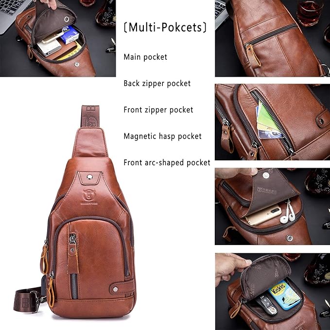 BULLCAPTAIN Leather Sling Bag Mens Chest Bag Casual Shoulder Crossbody Bags Travel Hiking Backpacks Daypack with USB Charging Port (Brown)