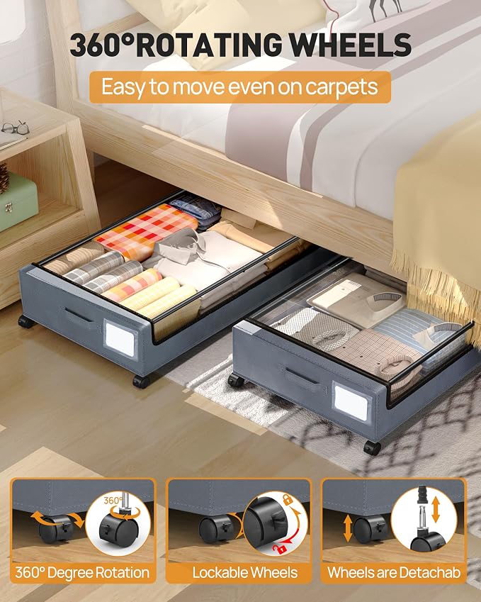 Under Bed Storage with Wheels, Square Under Bed Storage Containers, 60L Under - Image 2