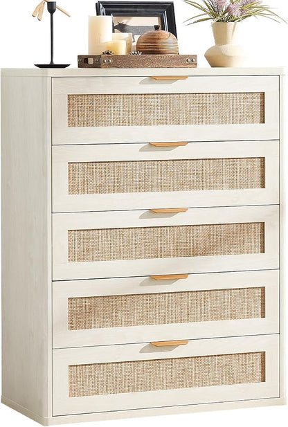 LEYAOYAO White Dresser for Bedroom, Modern 5 Drawers Boho Rattan Dressers by LEYAOYAO-Findtheshiningpointofyourideallife%EF%BC%81