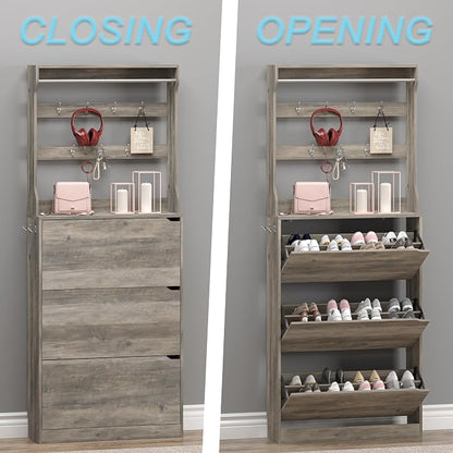 Shoe Cabinet with 3 Flip Drawers & Coat Rack, Narrow Hidden Shoe Storage Cabinet - Image 5