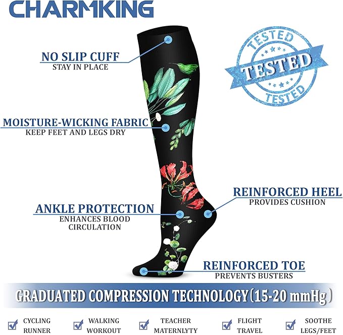 CHARMKING Compression Socks for Women & Men Circulation (3 Pairs) 15-20 mmHg is Best Support for Athletic Running Cycling