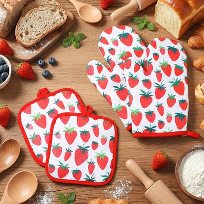 4 Pcs Oven Mitts and Pot Holders Cute Strawberry Oven Gloves and Pot Holders - Image 3
