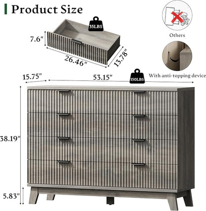 Fluted Dresser with 8 Drawers, Wooden Dresser TV Stand, Modern Closet Clothes - Image 2