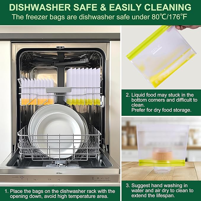 SPLF 10 Pack Stand-Up Reusable Food Storage Bags Dishwasher Safe, BPA Free Reusable Freezer Bags, Extra Thick Silicone for Meal Prep, Sandwich, Bread, Veggies - 3 Gallon 4 Quart 3 Snack