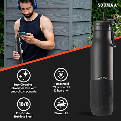Insulated Stainless Steel Water Bottles with Straw, Wall Vacuum Insulated Water Bottle with Straw for Gym Traveling Camping Hiking Outdoor Activity(2 Cleaning Brushes+1 Carabiner, 26 oz Black)