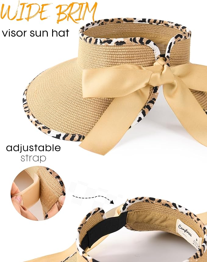 Camptrace Sun Visors for Women Wide Brim Beach Hat Foldable Straw Visor Hat Ponytail Summer Packable UPF 50+