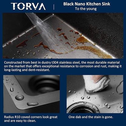 TORVA Bar Sink,TORVA 14 x 18 Inch Undermount Kitchen Sink,Gloss Black PVD Coated Gunmetal Sink,16 Gauge 304 Stainless Steel Single Bowl Wet Bar or Prep Sink with Zero-Radius Corners,Dark Gray
