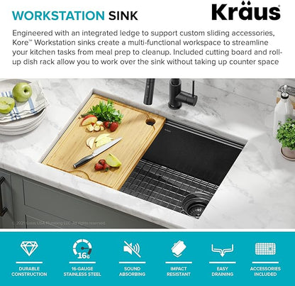 KRAUS Kore Workstation 27-inch Undermount 16 Gauge Black Stainless Kitchen Sink, Single Bowl Kitchen Sink in PVD Gunmetal Finish with Accessories, KWU110-27-PGM