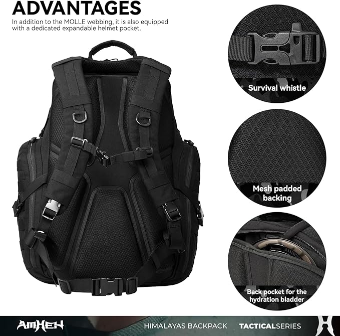 52L Tactical Backpack Military Molle Assault Pack - 3 Day Bugout Survival Rucksack, Hydration Compatible, Black