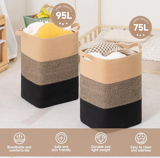 CLHMILY&Z 95L Laundry Basket Rectangular Black Jute Rope - Image 6