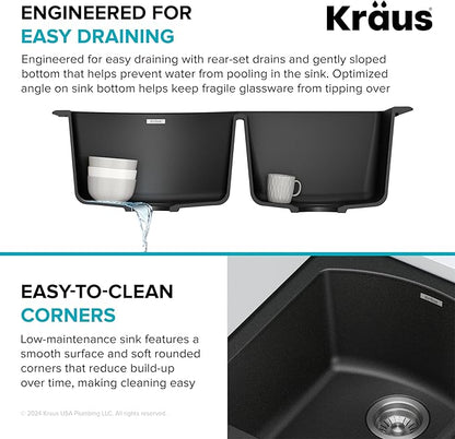 KRAUS Forteza 33-inch Drop In/Undermount 60/40 Double Bowl Granite Kitchen Sink in Black, KGD-50BLACK