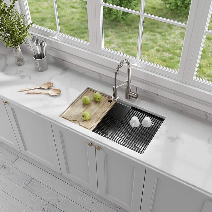 KRAUS Kore Workstation 32-inch Undermount 16 Gauge Stainless Kitchen Sink, Single Bowl Kitchen Sink with 3/4 HP Garbage Disposal, KWU110-32-100-75MB