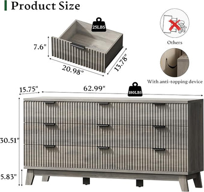 Fluted Dresser with 9 Drawers, Wooden Dresser TV Stand, Wood Closet Clothes - Image 2