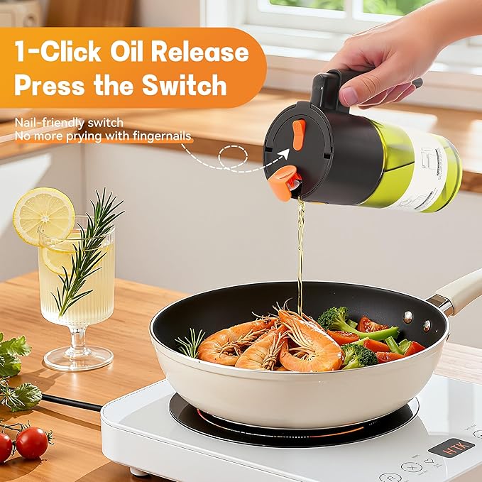 Upgrade 2 in 1 Oil Sprayer for Cooking, 17oz Light-Blocking Glass Olive Oil Dispenser Bottle for Kitchen,Food-Grade Oil Mister with 8 Stickers for Salad, Frying (Green Bottle-Black Cap)