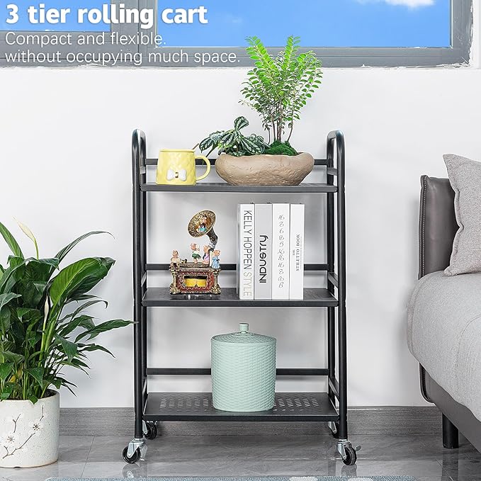 HDANI 3 Tier Rolling Cart,Heavy Duty Multifunctional Metal Frame-Supports 22 Lbs Per Tier,Rolling Cart with 2 Lockable Wheels for Office,Home,Bedroom,Kitchen,Bathroom (Black)…