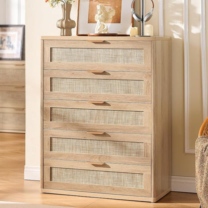 LEYAOYAO Rattan Dresser for Bedroom, Modern 5 Drawers Boho Dressers - Image 2