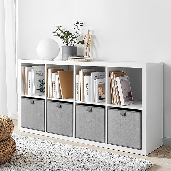 Storage Baskets, 11.8-Inch Woven Fabric Bins, Storage Cubes with Reinforced Handles, Organizer Bins for Closet Shelves, Foldable, for Toys, Clothes, Natural Beige (3PCS/Grey-11.8*11.8*11.8inch)