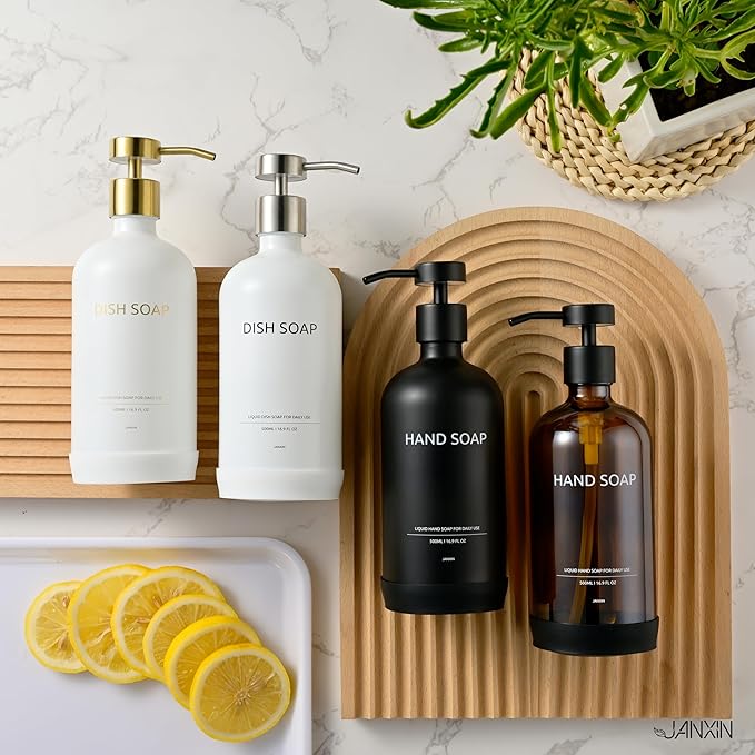 Glass Soap Dispenser Set by Janxin,Bathroom Soap Dispenser Set with Ceramic Tray,Luxury Bathroom Accessories,Modern Kitchen Decor (White+Gold(Dish Soap))