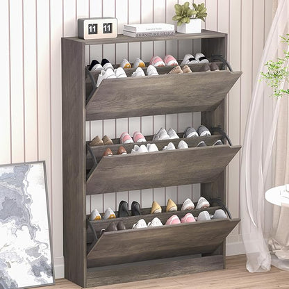 Shoe Cabinet with 3 Flip Drawers, Hidden Wood Shoe Cabinet, Freestanding Shoe by BORNOON