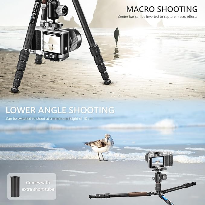 Lightweight Carbon Fiber Reverse Folding Travel Tripod with Ball Head, Removable Center Column, Folded Height 36cm, Maximum Load 6KG（LX-225CT+XB-32Q）