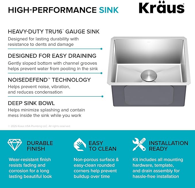 Kraus KHU101-21 Standart PRO 16 Gauge Undermount Single Bowl Set (4 Item Bundle: Sink, Bottom Grid, Drain Assembly, Kitchen Towel), 21 Inch, Stainless Steel