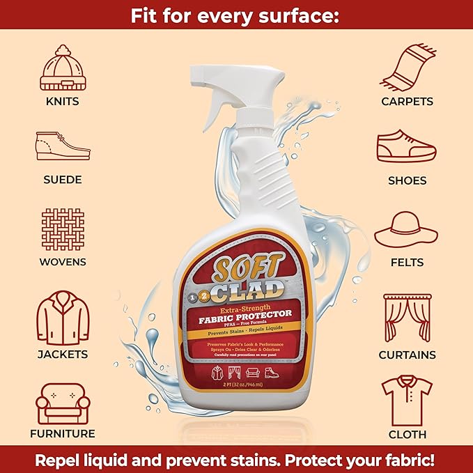 Extra Strength Fabric Protector Spray Prevents Stains and Repels Liquids. SoftClad Guards Furniture, Shoes, Carpet, Upholstery, Suede, Leather, Couch. Safe for Indoor Use. PFAS Free Formula 32oz