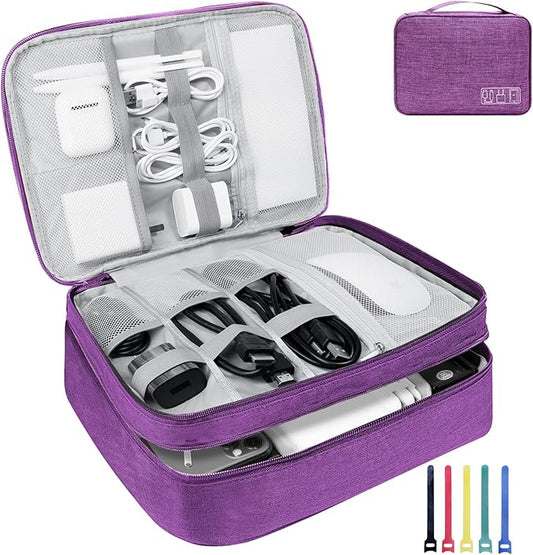 Electronics Travel Organizer,Large Double Layer Portable Waterproof Travel Organizer Bag for Charging Cable Storage,Ipad,Power Bank,Hard Drive etc,for Travel,Business,5pcs Cable Ties-Purple