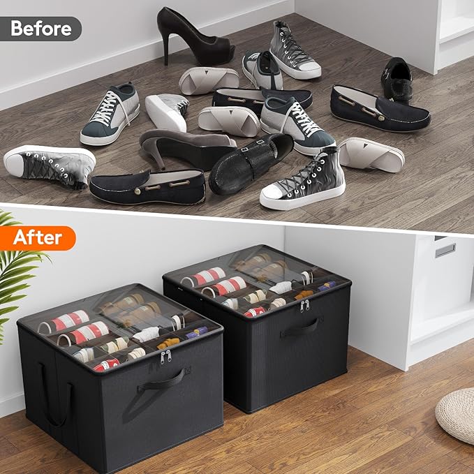 Lifewit Shoe Storage Organizer for Closet Fits 12-16 Pairs, Fabric Large Shoe Box Storage Container with Clear Cover, Foldable Bins Fit for Boots Heels Sneakers 17"(L) x 17"(W) x 12.5"(H) 1 Pack Black