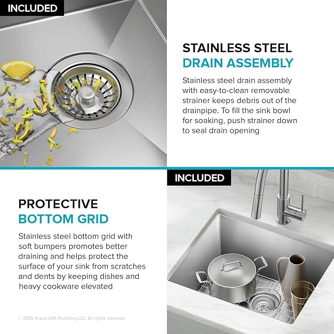 Kraus KHU101-21 Standart PRO 16 Gauge Undermount Single Bowl Set (4 Item Bundle: Sink, Bottom Grid, Drain Assembly, Kitchen Towel), 21 Inch, Stainless Steel
