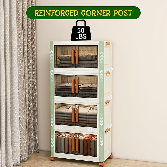 4 Tier Stackable Plastic Storage Bins with 1 Lid 35 QT/Tier, Collapsible Plastic Box Storage Bin with Wheels, Home Containers Boxes Closet Organizers for Living Room, Office, Dorm