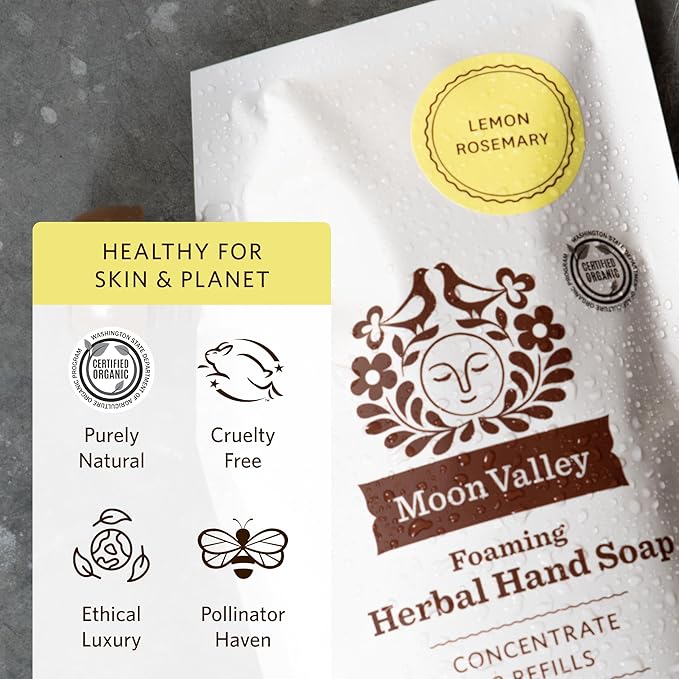 Moon Valley Foaming Hand Soap Refill Pouch, Two-Pack Lemon Rosemary Soap, Vegan and Non-GMO, Environmentally Friendly Option