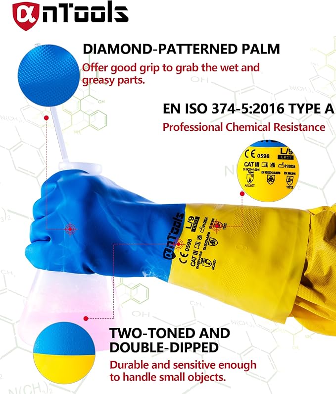 2 Pairs Neoprene and Rubber Blend Heavy-Duty Chemical Gloves, Protective industrial gloves for Resist Acid, Alkali, Hazmat, cleaning, dishwashing, X-Large