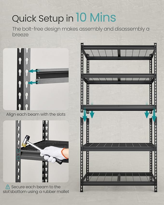 SONGMICS 5-Tier Storage Shelves, Heavy-Duty Garage Shelving, Adjustable Shelving Unit, Steel Shelf, Boltless Assembly, for Garage, 2,250 lb Load, 18 x 108 x 72 Inches, Ink Black UGLR453B03
