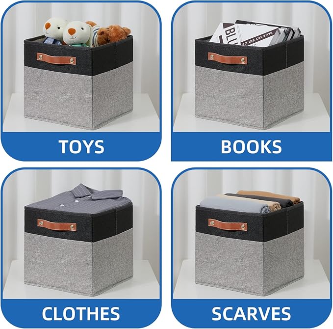 Temary 11 x 11 Cube Storage Bins Fabric Storage Cubes for Shelf, Closet, 4 Pack Cube Basket for Clothes, Storage Cube Bins with Leather Handles(Black&Grey)