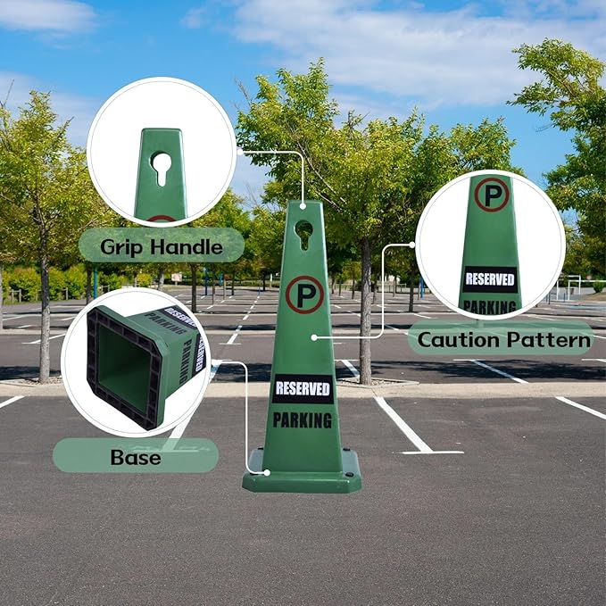 8-Pack 26.5" Caution Cones, 4-Sided Visible Safety Signs with Heavy Rubber Base, Warning for Slip & Fall Prevention, Indoor/Outdoor Use (Green, 8Pcs-Reserved Parking)
