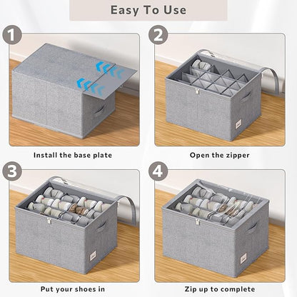 Shoe Organizer for Closet, 2 Pack Sturdy Shoe Storage Bins with Clear Cover, Fits 16-32 Pairs, Foldable Shoe Storage Box with Reinforced Handles (Grey, 19.7 * 15.7 * 12.6in)